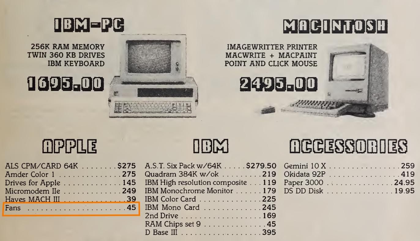 Advertisement showing list of prices for Apple and IBM PC accessories, highlighting “fans” avaiilable for Apple Macintosh for $45.