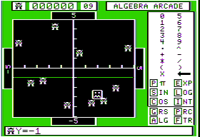 A screenshot from the Apple II game “Algebra Arcade,” showing two axes with 11 “algebroids” and 1 “graph gobbler,” as well as a green line representing the expression Y=-1.