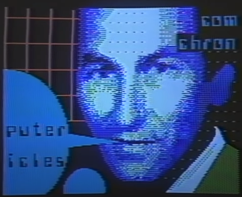 Image of Stewart Cheifet with a word balloon saying &ldquo;Computer Chronicles,&rdquo; made by Michael Arent with the Apple Graphics Tablet.