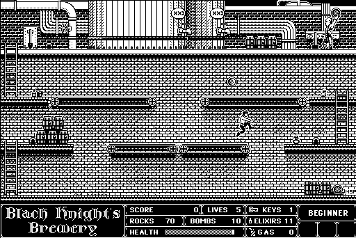 A screen from “Beyond Dark Castle” running on a Macintosh emulator. The player character is in a room with multiple levels of platforms. The player is attempting to jump between platforms. On the bottom is the name of the room, “Black Knight’s Brewery” and basic player stats, including a health bar and their remaining ammunition.