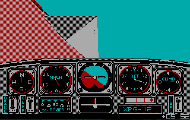 A screen image from “Chuck Yeager’s Advanced Flight Trainer” running on an MS-DOS emulator. The screen shows a first-person view from inside an airplane cockpit as the plane flies over a fictional landscape dotted with pyramids.