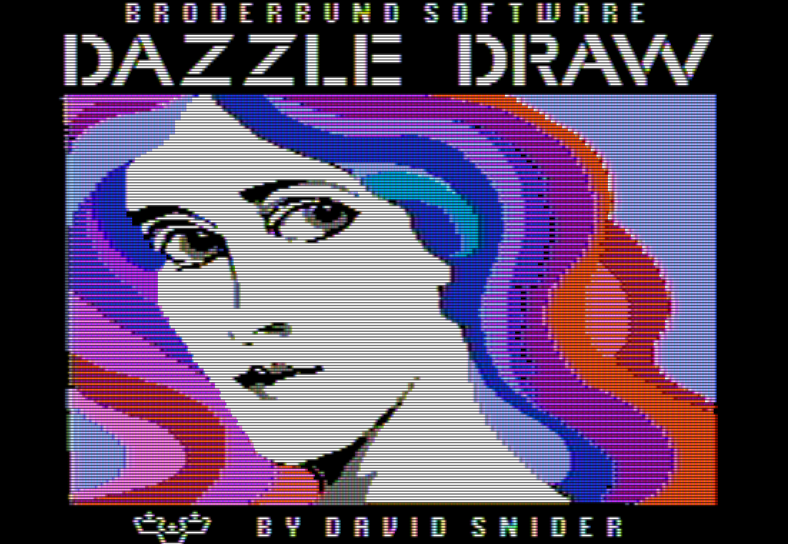 The title screen for Broderbund Software’s “Dazzle Draw” by David Snider, which featured a computer-generated image of a woman’s face with wavy, multi-colored hair.