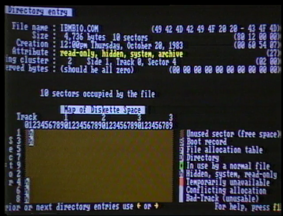 A sample screen from Peter Norton’s “DiskLook.” On the top of the scren is metadata about the diskette, including the file name, size, and creation date. On the bottom is a “map of diskette space” showing used and unused sectors.