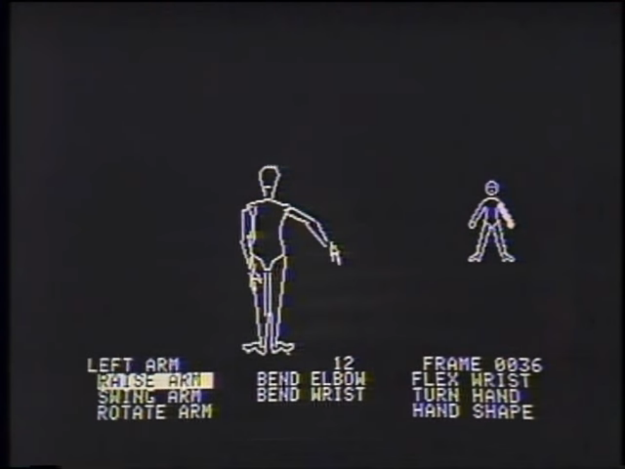 A screenshot from “DOM” running on an Apple IIc. There are two line drawings of human figures on the screen. Below the figures is a menu listing various program options, such as “RAISE ARM.