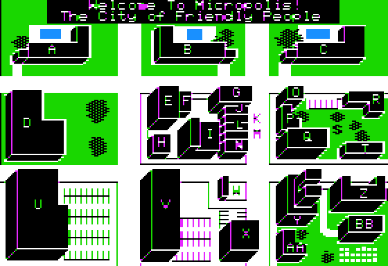 The city map screen from the game “Murder by the Dozen.” This is a top-down map showing a three-by-three grid of city streets with multiple buildings on each block. The buildings are lettered to facilitate player selection.