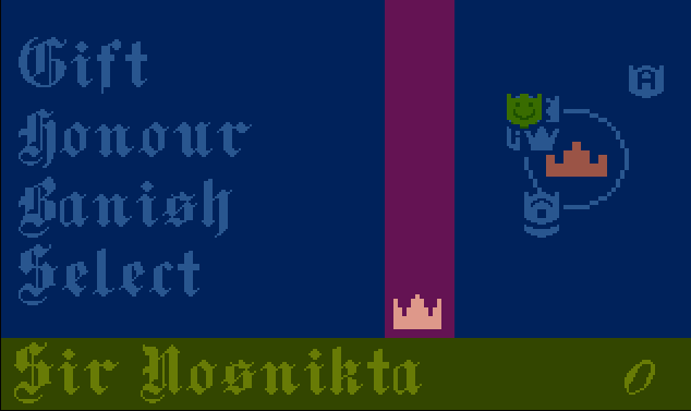 The opening screen of Chris Crawford&rsquo;s &ldquo;Excalibur&rdquo; for the Atari 8-bit computer line. The left side shows the womenu options &ldquo;Gift,&rdquo; &ldquo;Honour,&rdquo; &ldquo;Banish,&rdquo; and &ldquo;Select&rdquo;; the center is a line with a crown on the bottom representing the plater; the right has a number of icons representing non-player characters moving near a roundtable.