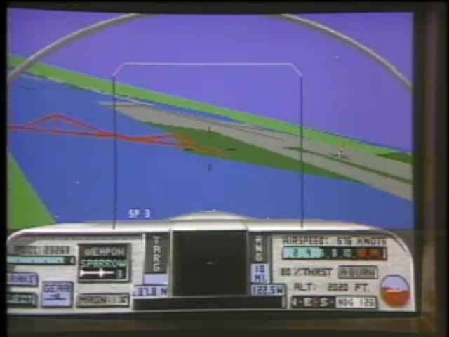 A screen image from “F/A-18 Interceptor,” showing a cockpit view from a combat aircraft.