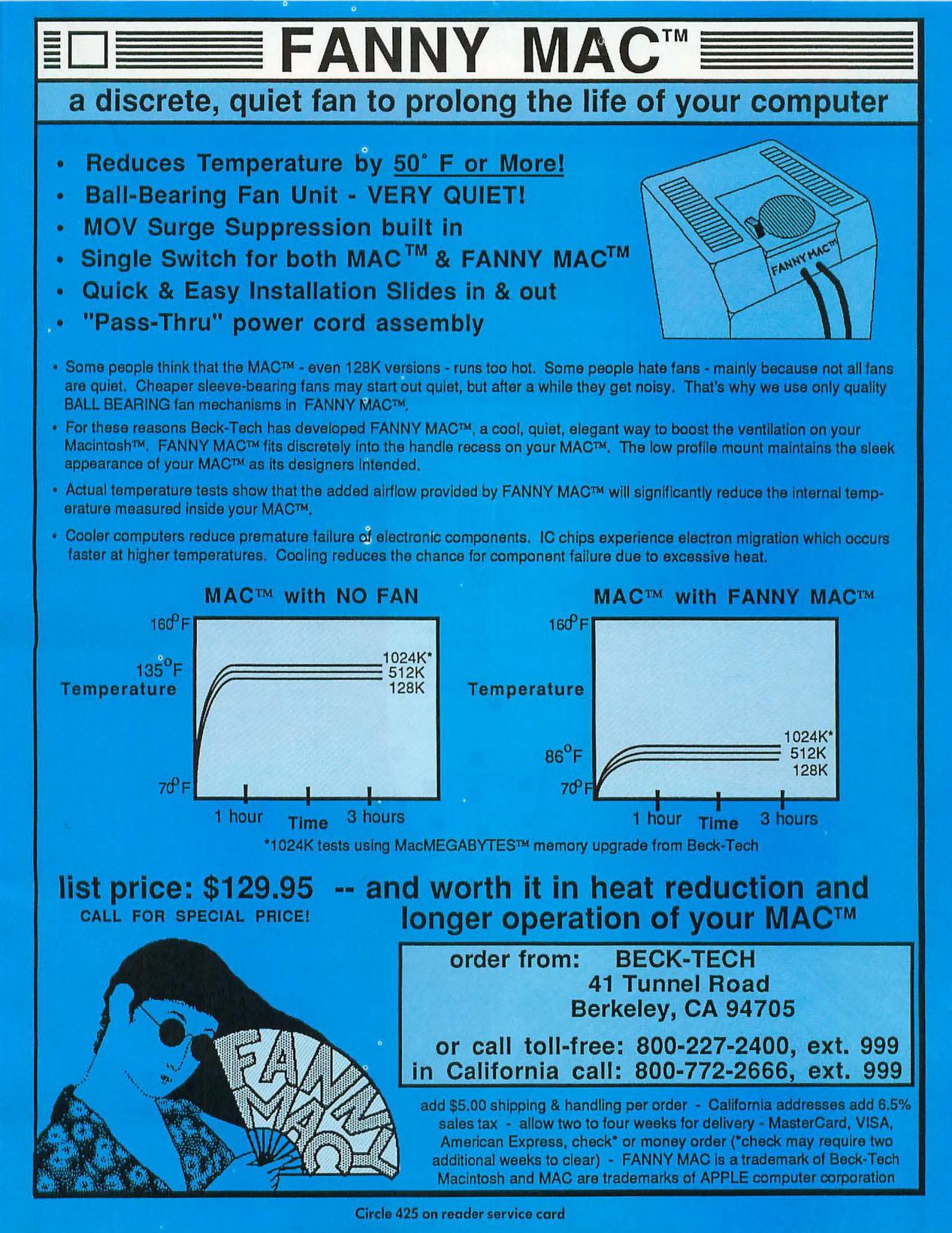 A 1986 magazine advertisement for Fanny Mac, described as &ldquo;a discrete, quite fan to prolong the life of your computer.&rdquo;