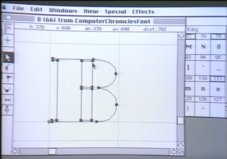 A screenshot from the program “Fontographer” running on a Macintosh 512K. There is a drawing of a letter “B” in the center of the screen showing the various points and lines that make up the character.