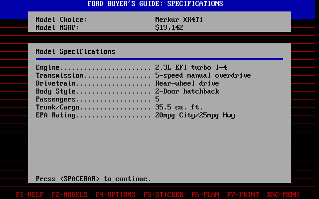 A screenshot from &ldquo;The Ford Simulator&rdquo; listing the model specifications for a Ford Merkur XR4Ti priced at $19,142.
