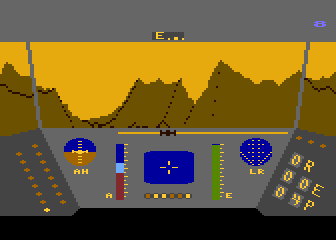 Screenshot from LucasFilm&rsquo;s &ldquo;Rescue on Fractalus!&rdquo; featuring a cockpit point of view as the player flies near a mountain range.