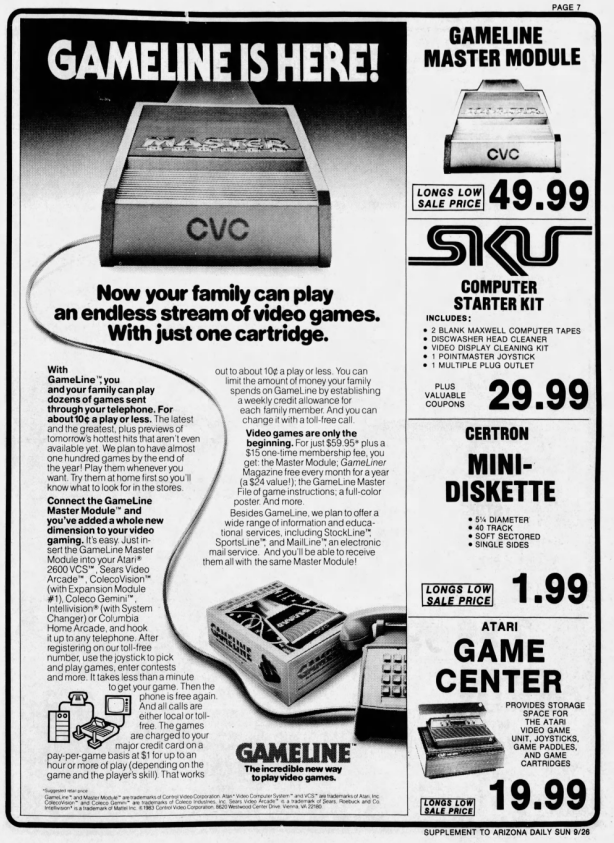 A full-page advertisement from the September 26, 1983, Arizona Daily Sun newspaper. The headline reads, “GAMELINE IS HERE!” and explains that GameLine allows families to play dozens of games for 10 cents a play or less. The GameLine Master Module itself cost $49.99