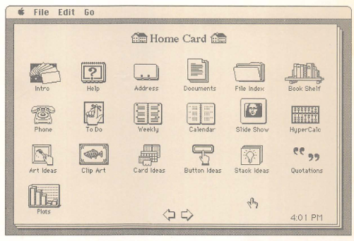 The “Home Card” menu of Apple’s HyperCard. There are four rows of icons representing various “stacks” including an address book, file index, and to do list.