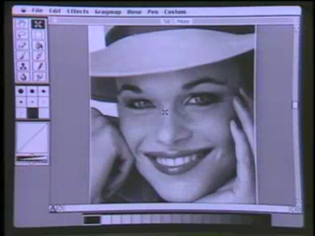 A screenshot of &ldquo;ImageStudio.&rdquo; In the main window is a closeup image of a woman wearing a fedora. A command palette is on the left side of the screen, and the Macintosh menu is on top.