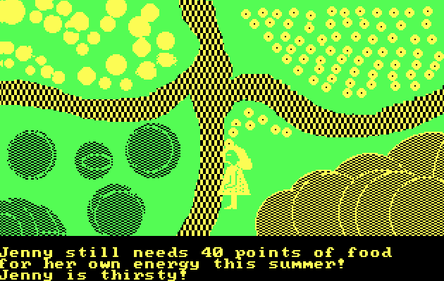 A scene from &ldquo;Jenny of the Prairie.&rdquo; The player character is a woman drawn in yellow. She is standing in the middle of a green field with depictions of trees, shrubs, and what appears to two intersecting rivers. The text reads, &ldquo;Jenny still needs 40 points of food for her own energy this summer! Jenny is thirsty!