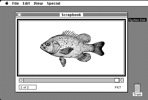 Monochrome image of a fish included with the Scrapbook application on Macintosh System 1.0.