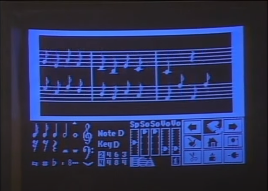 A screenhot from Will Harvey’s ‘Music Construction Set,’ showing a sample composition and the program’s user interface.