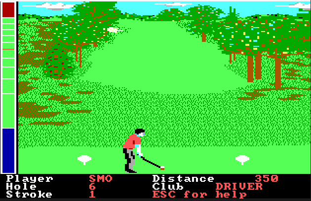 A screen image from “Mean 18” running on an MS-DOS emulator. The screen shows a player at the tee of a hole. On the bottom of the screen is information about the player, hole, distance to the pin, and club selection.