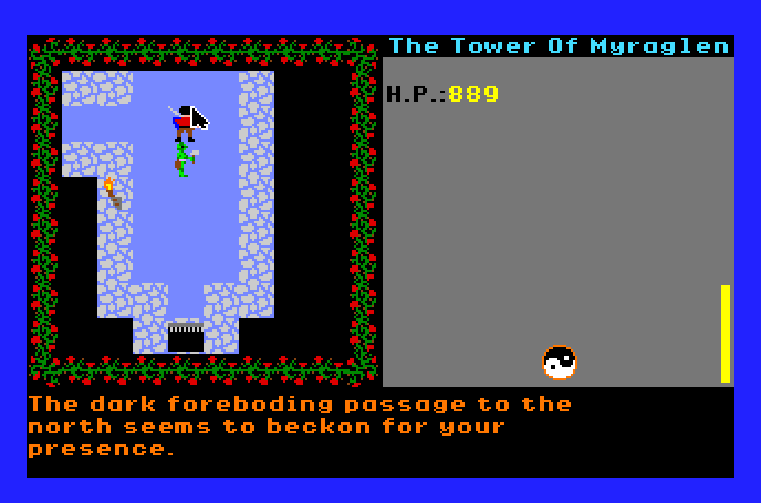 A screen from “The Tower of Myraglen” running on an Apple IIgs emulator. The bottom of the screen displays game text: “The dark foreboding passage to the north seems to beckon for your presnce.” The top of the screen is divided into two halves. The left half displays an overhead view of the game map with sprites representing the player and a monster fighting in a dungeon. The right half displays the player’s total remaining hit points.