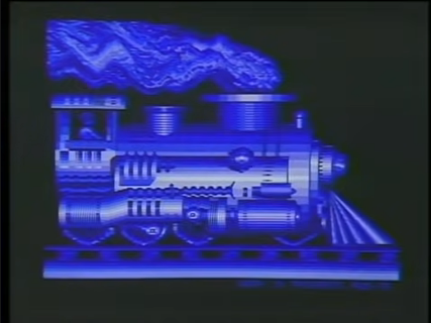 A computer-generated image of a steam locomotive on a railroad track, with a plume of smoke coming out of the train’s stack.