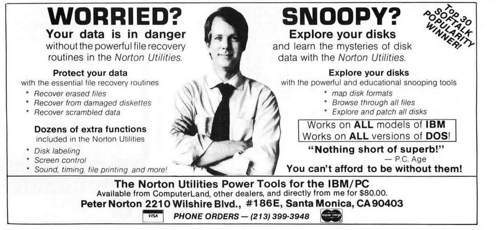A 1983 ad in Softalk Magaizne for “The Norton Utilities Power Tools for the IBM/PC”. Peter Norton is pictured in his trademark cross-armed position.