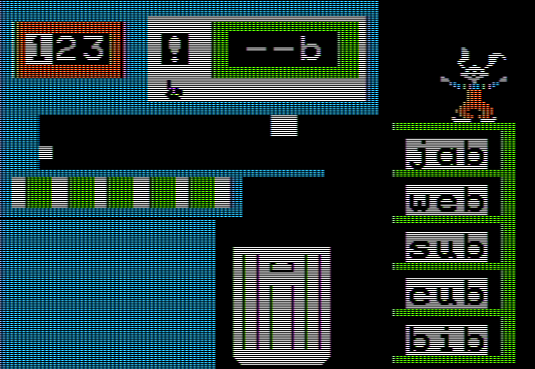 A conveyor belt carries words from the left to the right of the screen. There is a trash can at the bottom of the screen. On the top there is the pattern &ldquo;&ndash;b,&rdquo; meaning the player must match words ending in &ldquo;b.&rdquo; On the right side is a stack of five words that match, jab, web, sub, cub, and bib. A white rabbit dressed in a blue shirt and orange overalls is dancing on top of the stack.