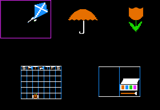 The main menu from the Rhiannon Software game, “Sarah and Her Friends.” There are five options represented by pictures: a blue kite, a red umbrella, a red-and-green flower, a calendar, and a window with a box inside.