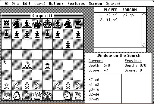 Game screen from Sargon III for the Macintosh, featuring a chessboard, a list of player moves, and a search window.