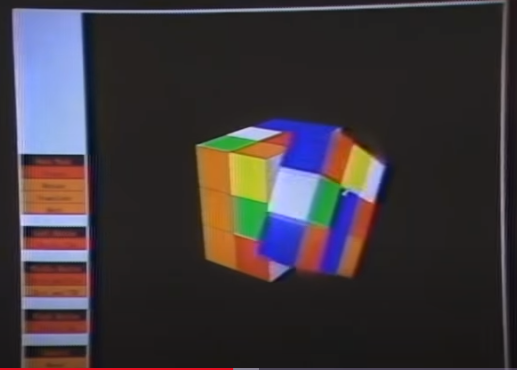 Image of a Rubik&rsquo;s cube moving in 3D space, created by the Silicon Graphics IRIS 1400 system.