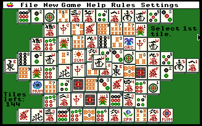 A screen from “Shanghai” on an Apple IIgs emulator showing mah-jongg tiles stacked at the beginning of a game.