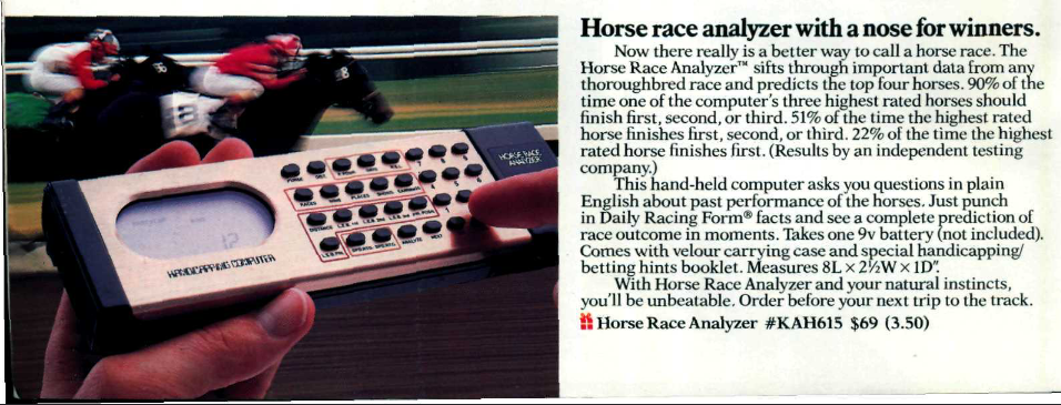An entry for the &ldquo;Horse Race Analyzer&rdquo; in the 1988 Sharper Image catalog.