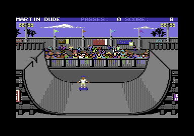 A screenshot from Electronic Arts' “Skate or Die” showing the half-pipe event.