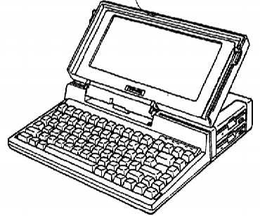 A black-and-white diagram of the Toshiba T1100 Plus. The LCD screen is flipped open, displaying the keyboard underneath.There are two 3.5 inch disk drives stacked on the right side of the machine behind the screen.