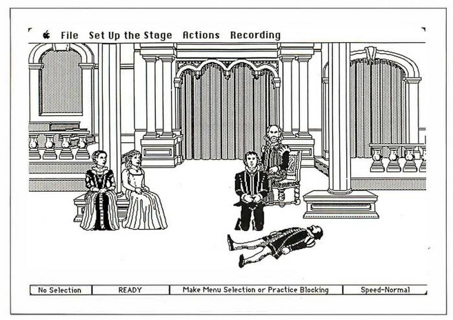 A screenshot from &ldquo;TheaterGame&rdquo; running on the Macintosh. There is a black-and-white illustration of four actors seated around a stage. A fifth actor is lying on the ground.