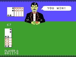 Screenshot from &ldquo;Ken Uston BlackJack/Poker&rdquo; for the ColecoVision. A man in a tuxedo deals a poker hand to the player.
