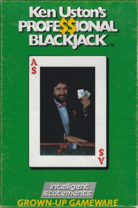 Cover art of “Ken Uston’s Professional Blackjack.” The title of the game is at top. In the center there is a playing card with a cutout photo of Ken Uston wearing a tuxedo and holding two cards up while sitting at a blackjack table. At the bottom there is the logo of Intelligent Statements, Inc., and its slogan “Grown-Up Gameware.